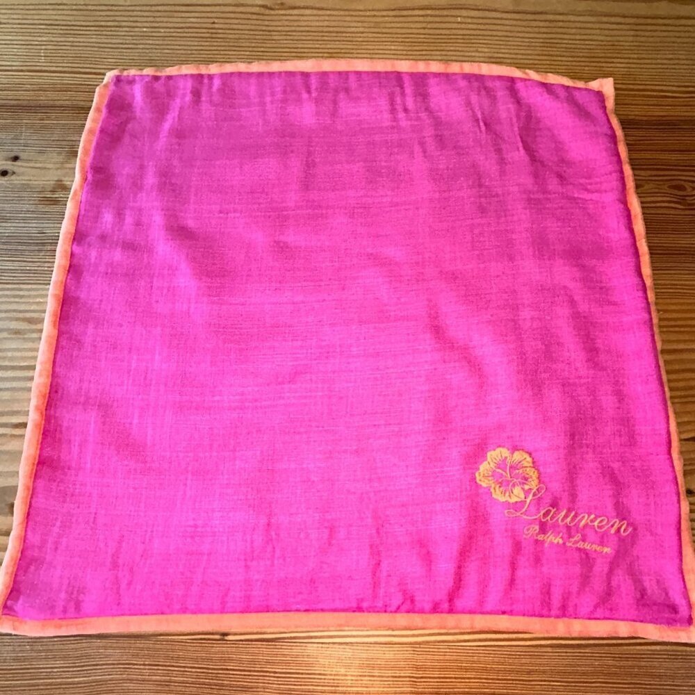 LRL Ralph Lauren Silk Tropical Flower Pink Cover 20" Orange Trim